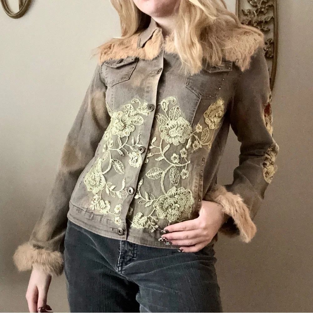 Hazel Button Up Jacket with Real Fur and Green Lace Detailing
